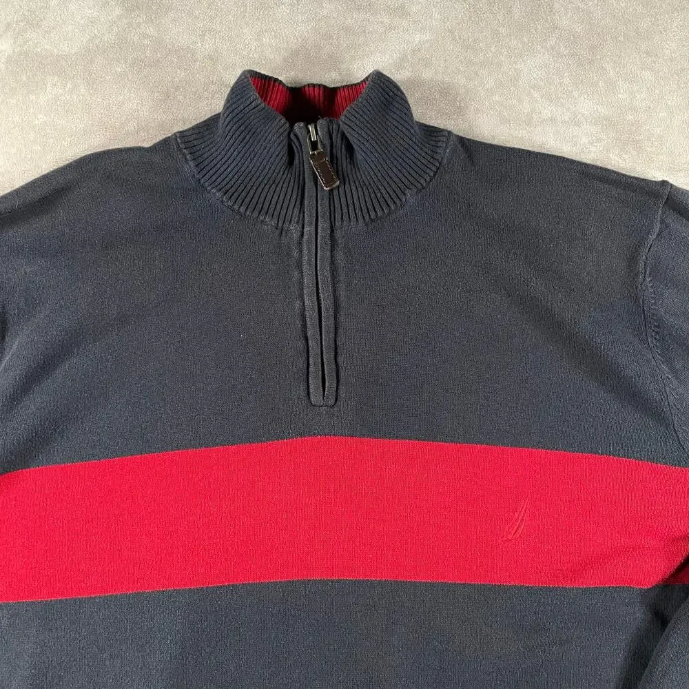 Vintage Nautica Blue Red Casual Quarter Zip Sweater Large